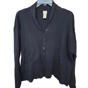 J.Jill Cotton Knit Cardigan Sweater Black Shawl Collar Pockets Classic Office LG